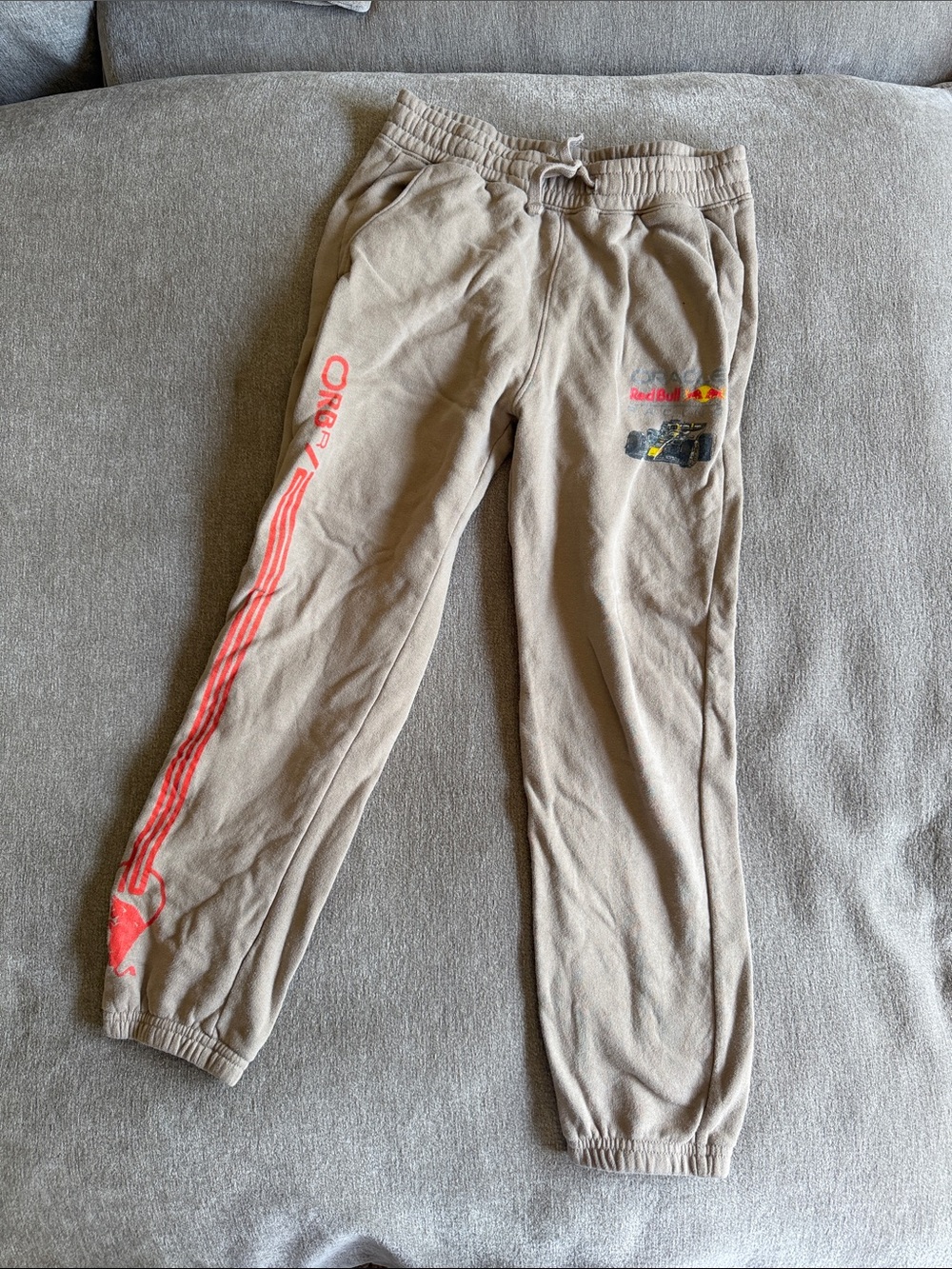 abercrombie kids Tan Joggers with Red Racing Stripe